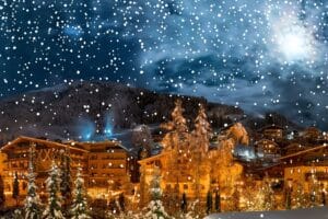 Alpendorf Schneefall Nacht