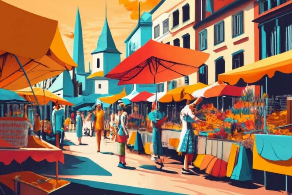 An einem sonnigen Tag stöbern die Menschen zwischen bunten Ständen mit Zelten vor der Kulisse hoher, spitzer Kirchtürme und mehrstöckiger Gebäude durch eine lebhafte Marktszene.