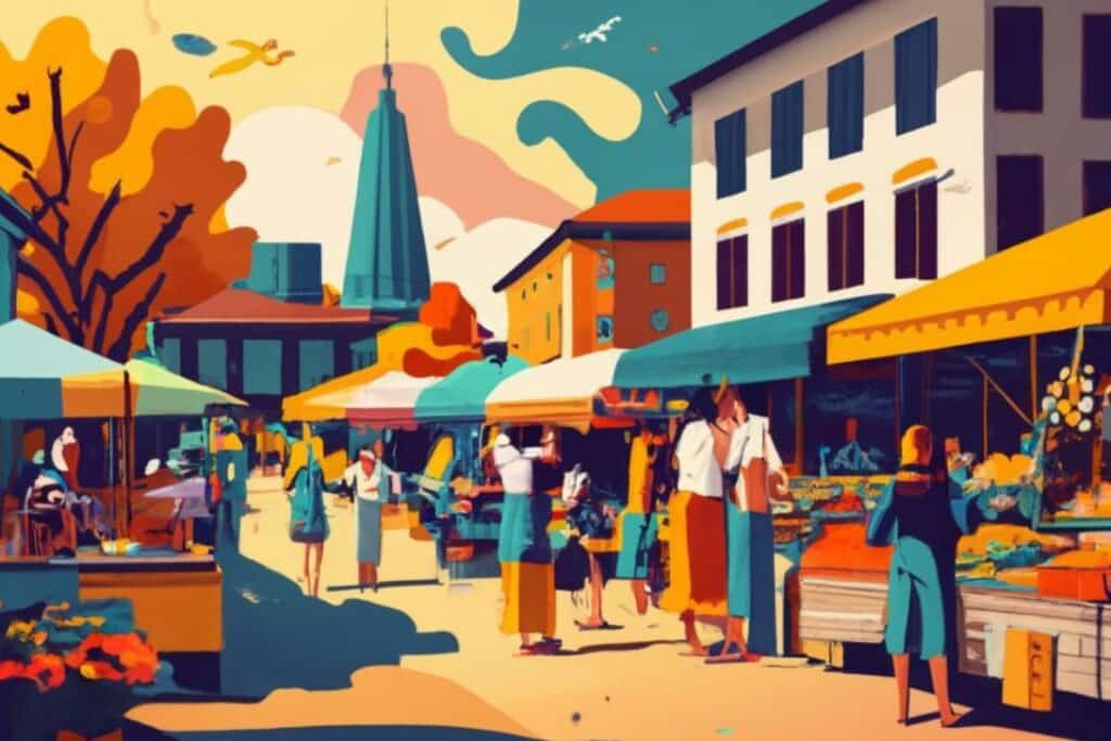 Bunte Illustration eines Marktes im Freien an einem sonnigen Tag, mit Menschen, die an Ständen mit Produkten und Waren einkaufen, umgeben von Gebäuden, Bäumen mit orangefarbenen Blättern und einem hohen Kirchturm im Hintergrund.