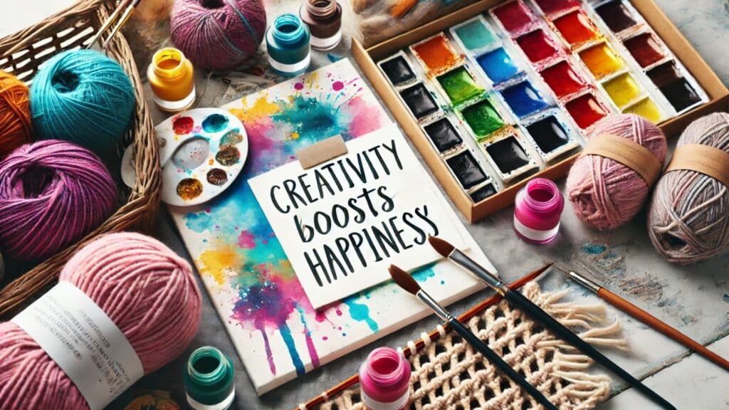 ein Bild mit Wolle Pinsel und Farbtöpfen auf einem Tisch - es strahlt Kreativität aus - mit dem Schriftzug"Creativity boosts happyness"