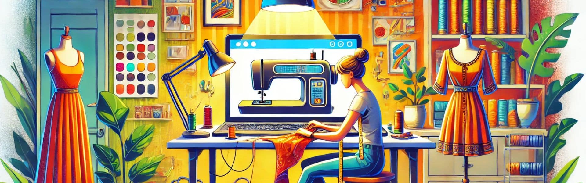 Neue kreative Hobbys finden: Wie Online-Kurse dir helfen 4 Eine Illustration mit einer Frau, die über einen Online-Kurs nähen lernt