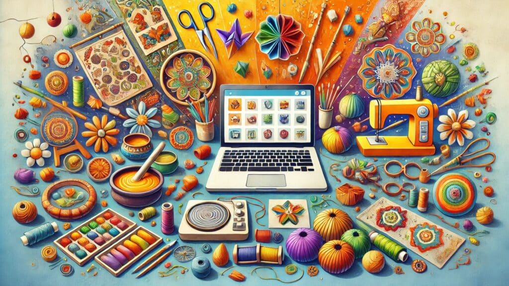 In der Mitte steht ein Laptop und rundherum liegen Dinge, die man für ein neues kreatives Hobby benötigt