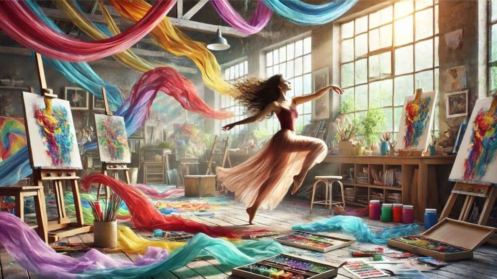 Eine Frau tanzt leichtfüßig durch ein Maler-Atelier, das Bild ist farbenfroh, es stehen Bilder herum und farbenfrohe Stoffe bringen Leichtigkeit in das Bild