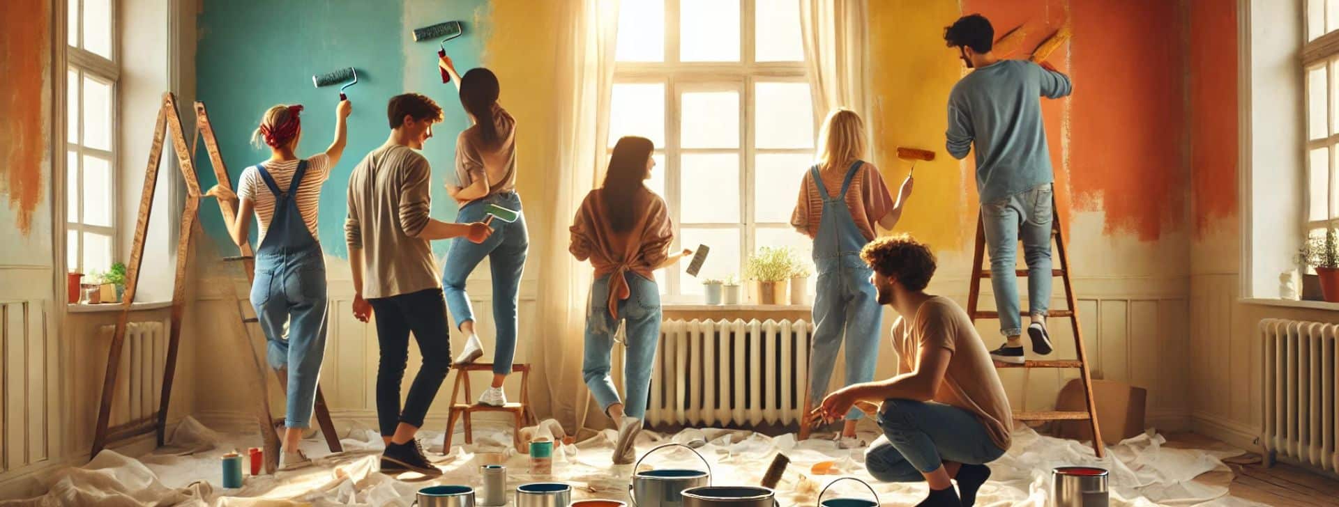 Die 7+ besten Ideen für Zeitgeschenke, die unvergessliche Momente schaffen 4 Freunde malen einen Raum aus - jeder mit einer anderen Farbe - es sind junge Leute und sie haben Spaß und sind kreativ