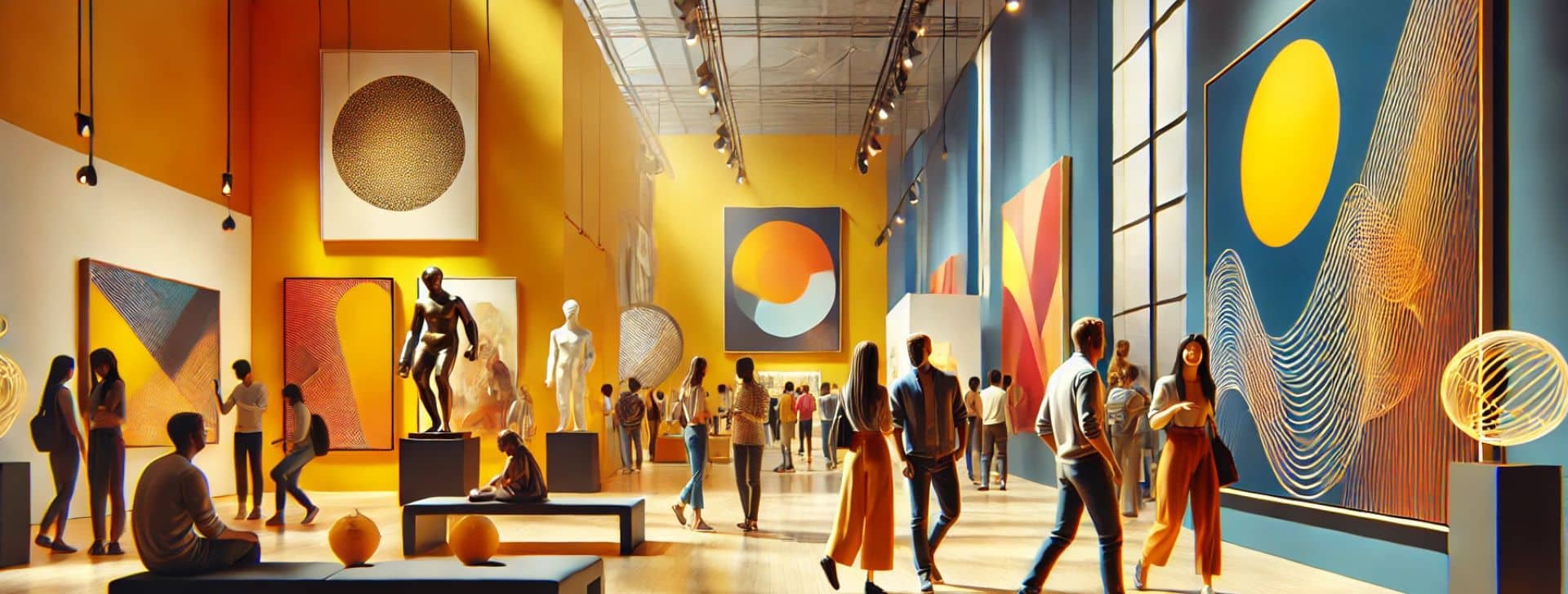 Die 7+ besten Ideen für Zeitgeschenke, die unvergessliche Momente schaffen 7 ein Ausstellungsraum oder ein Museum - mit vielen bunten, modernen Bildern an der Wand und Skulpturen auf Sockeln
