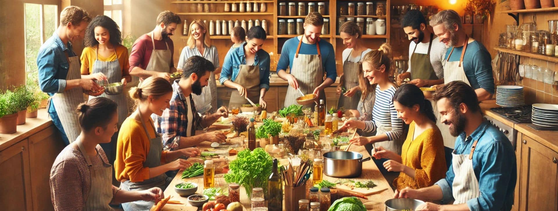 Die 7+ besten Ideen für Zeitgeschenke, die unvergessliche Momente schaffen 5 Freunde besuchen gemeinsam einen Kochkurs - sie sitzen und stehen um einen Tisch und bereiten die Zutaten vor - es herrscht gute Stimmung