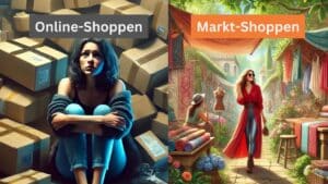 Die wunderbare Kraft der Kreativität: Studie bestätigt, dass Basteln gut für Körper und Geist ist 18 Eine Frau, die wegen ausgiebigen Online-Shopping von lauter Schachteln umgeben ist - daneben eine Frau die glücklich durch einen Markt schlendert