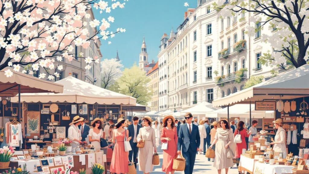 Die Illustration soll das Lebensgefühl von Kunsthandwerksmärkten in Wien wiederspiegeln. Es soll Leichtigkeit des Frühlings in der Großstadt zeigen.
