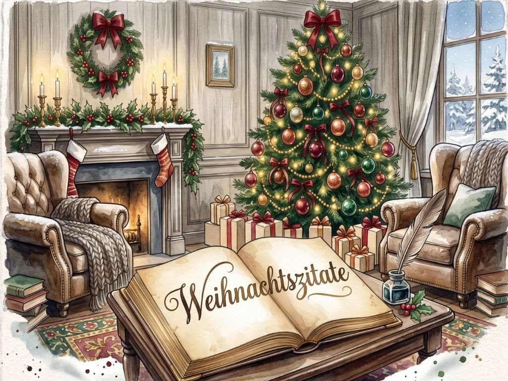 Ein gemütliches, elegantes Wohnzimmer, das weihnachtlich geschmückt ist, zeigt einen Weihnachtsbaum, einen Adventskranz, Strümpfe am Kamin, Geschenke und ein aufgeschlagenes Buch auf dem Tisch, in dem „kurze besinnliche Weihnachtssprüche“ zu lesen sind. Draußen vor dem Fenster fällt sanft Schnee.