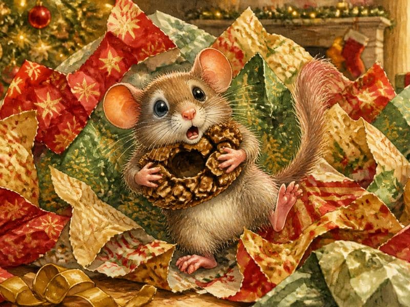 Eine überraschte Maus, die einen Donut in der Pfote hält, sitzt inmitten von buntem, zerknittertem Weihnachtsgeschenkpapier, im Hintergrund sind ein geschmückter Weihnachtsbaum und ein Kamin zu sehen – eine ideale Szene für besinnliche Weihnachtskarten mit Tiermotiv, die den gemütlichen Zauber des Feierns mit Ihrem Haustier einfangen.