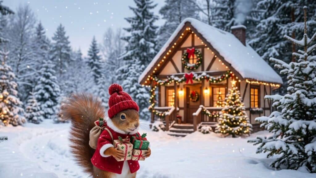 Ein Eichhörnchen mit rotem Hut und rotem Mantel hält Geschenke vor einem schneebedeckten, geschmückten Häuschen mit Lichtern, Kränzen und einem Weihnachtsbaum, umgeben von verschneiten Kiefern – eine wahrhaft besinnliche Szene, die sich perfekt für Weihnachtskarten mit Tiermotiven eignet.