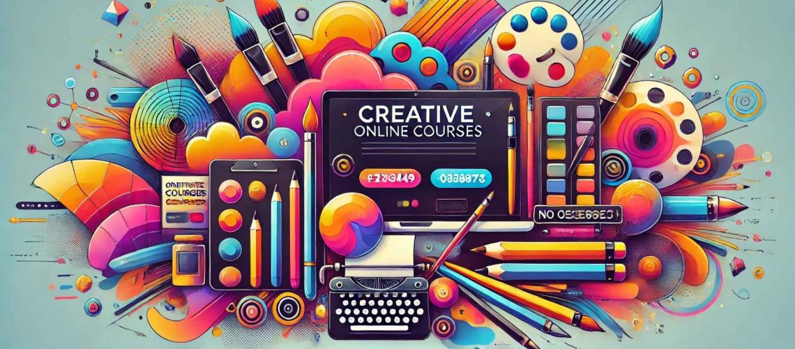 Buntes kreatives Bild mit vielen kreativen Objekten und einem Bildschirm auf dem Creative Onlien-Shops steht
