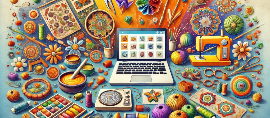 In der Mitte steht ein Laptop und rundherum liegen Dinge, die man für ein neues kreatives Hobby benötigt
